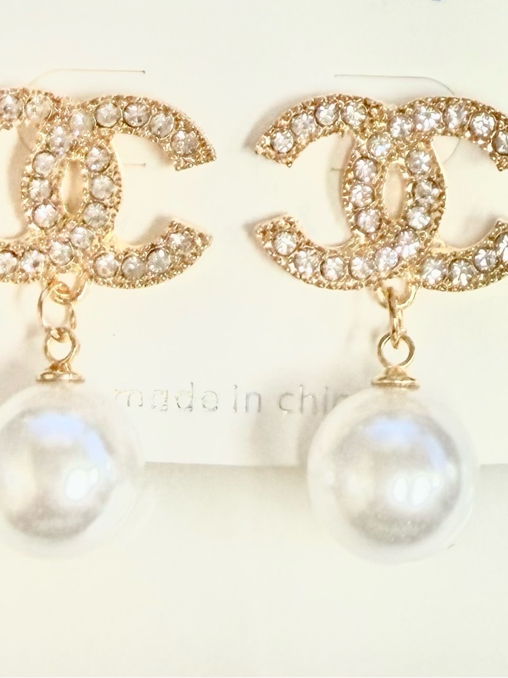 Gold Crystal Logo Pearl Drop Earrings - White Pearls